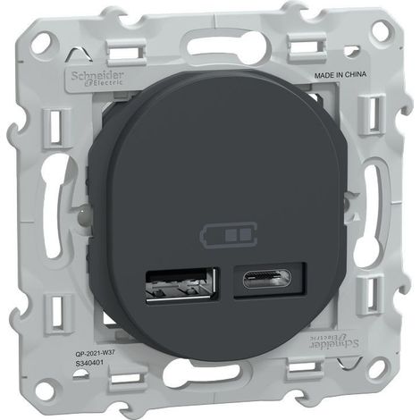 Schneider Electric – Chargeur double USB A+C 12W S340401 – 5V 2,4A max – Fixation vis – Couverture protection peinture – Anthracite (1/7)