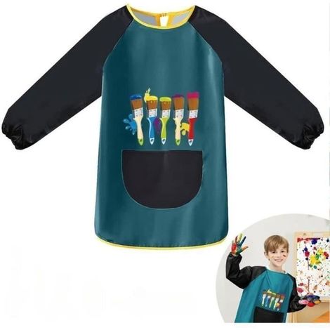 3 pièces tablier peinture enfant, imperméable manches longues, tablier artistique vert pour fille et garçon (1/4)