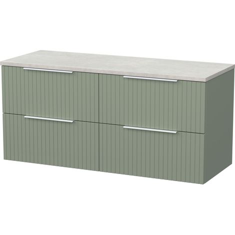 Callingwood Contemporary Wall Hung 4 Drawer Vanity Unit with White Sparkle Laminate Worktop , 1200mm, Reed Green
