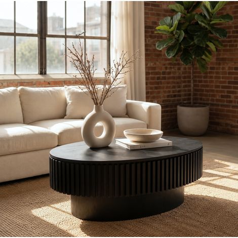 Mesa de centro ovalada con almacenamiento oculto, MDF y chapa de madera, negro (1/5)