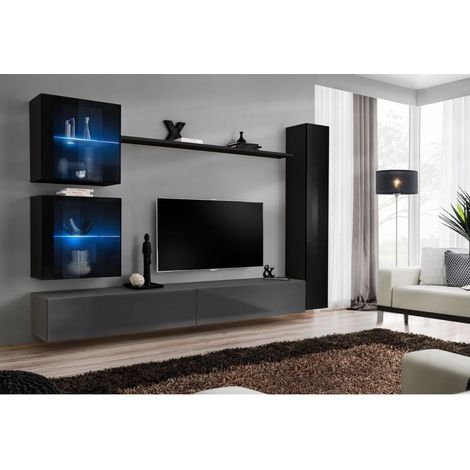 Ensemble mural - Switch XVIII - 2 vitrines LED - 1 vitrine verticale - 2 bancs TV - 1 étagère - Noir et graphite - Modèle 2 - Livraison gratuite
