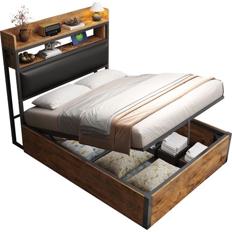 Lit adulte Lit coffre Lit 90x200 cm,avec USB,design vintage en bois et métal, espace de rangement (1/5)