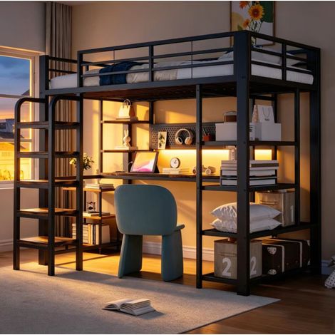 Cama alta moderna 90x200 cm de metal y madera negra con escritorio, LED multicolor, enchufes y estanterías (1/5)
