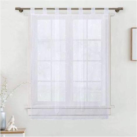 80 x 140 cm Store bateau brodé Rideau court transparent à passants pour cuisine, salon, chambre à coucher (blanc)