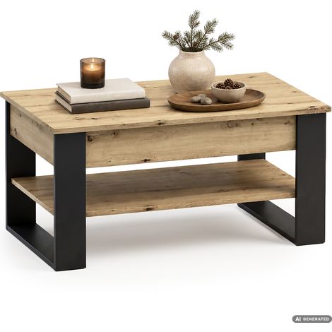 Table basse avec plateau relevable DENVER 92 cm rectangulaire avec étagère Chêne Artisan pieds noirs (1/5)