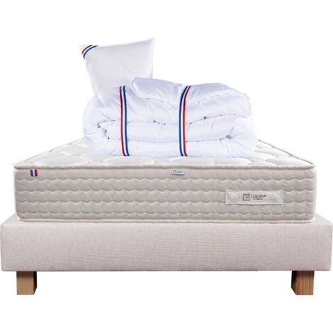 Ensemble Matelas Sublime, 20 cm, mousses haute densité, ferme, face été/hiver + sommier beige ep20cm + oreiller + couette, 90x190cm (1/5)