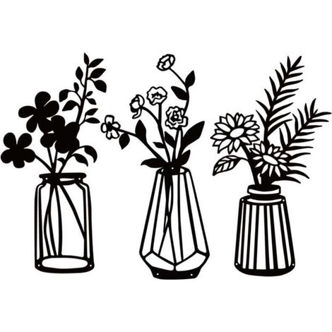 3 Pièces Fleurs en Métal Décoration Murale Art Mural en Métal Noir Sculpture Murale Florale en Métal pour Patio Balcon Salon Chambre Salle à Manger Décorations de Cuisine