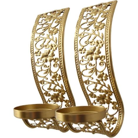 Lot de 2 supports de bougies muraux creux, style oriental, en métal artisanal.-16x8cm-Golden