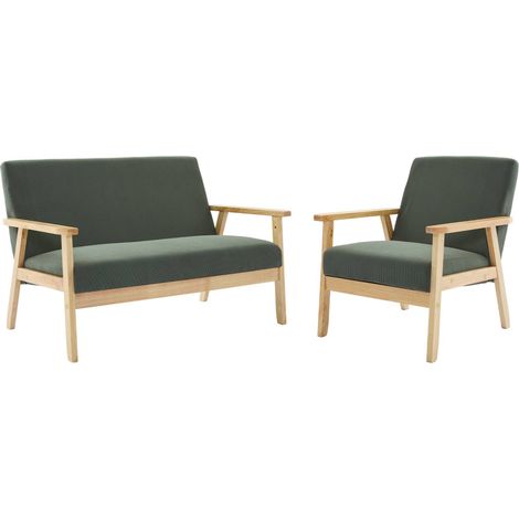 sweeek - 2-Sitzer-Banksofa + Sessel aus Cord-Bezug, Holzbeine, Cord, Dunkelkhaki
