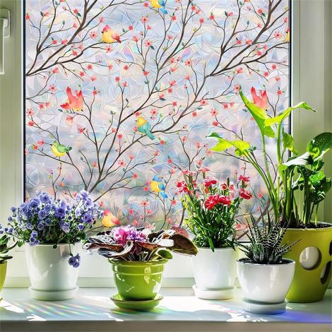 Film décoratif pour fenêtre, motif oiseaux printaniers et fleurs, autocollant statique double face pour fenêtre, maison, bureau, salon, fenêtre, porte, décoration 120 x 40 cm (1/5)