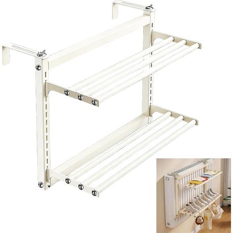 SèChe-Linge IntéGré Au Radiateur, Porte-Serviettes à 2 Niveaux De 60 Cm RéGlable avec 3 Barres Blanc Installation sans PerçAge IdéAl pour Chaussures VêTements Et Serviettes (1/5)