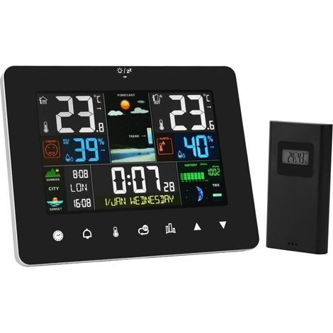 Professionelle drahtlose Wetterstation, digitales Thermometer mit Innen-/Außensensor, Farb-LCD-Display, Hygrometer, Barometer, 8-Stunden-Wettervorhersage für Haus und Garten (1/5)