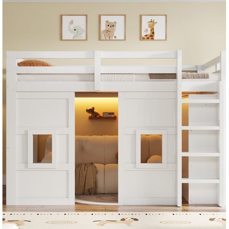 Cama alta moderna de madera blanca 140x200 cm con armario integrado, 2 ventanas, LED y somier de láminas