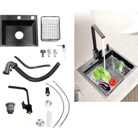 BOMCLAP Ensemble évier de cuisine MOORLE Mini, évier à une cuve en acier inoxydable avec robinet pivotant à 360°, crépine et tuyau d'évacuation, 45 x 40 cm (1/5)