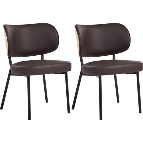 Conjunto de 2 sillas de comedor de piel sintética con patas de hierro negras sin reposabrazos tapones para las patas diseño minimalista moderno marrón Wonder