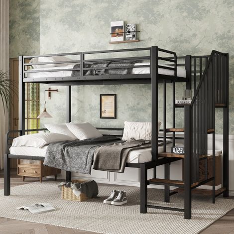 Letto a castello in ferro, adatto a bambini e ragazzi, armadio angolare con scala e vano contenitore, ferro + MDF, colore nero + legno vintage, 90x200 cm e 120x200 cm (1/5)