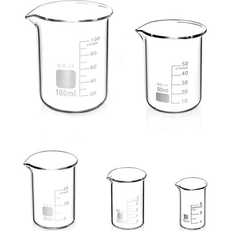 5 Pcs Bécher Gradué en Verre Borosilicate 5ml 10ml 25ml 50ml 100ml pour Laboratoire et Cuisine (1/5)