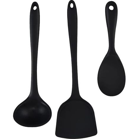 Set aus 3 langen, antihaftbeschichteten, hitzebeständigen Silikon-Rührlöffeln.