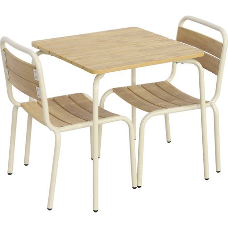 sweeek - Gartentisch aus Stahl für Kinder, mit Holzdekor + 2 Sitze, Stahl, Beige