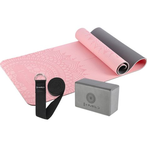 Yoga-Set - TPE-Matte, Pink Grauer Block Gurt