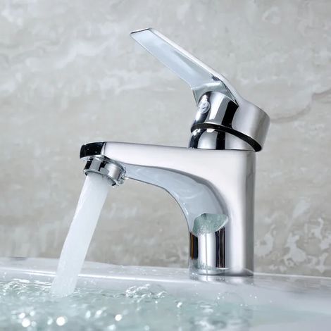 Mitigeur lavabo monotrou robinet mélangeur eau chaude froide, finition chromée, commande unique, pour salle de bain, installation facile, débit régulier, standard. (1/3)