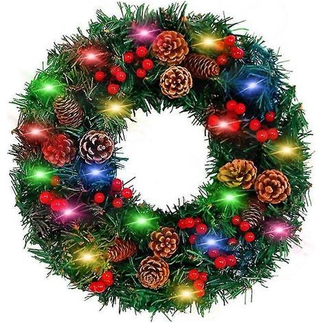 Couronne de Noël artificielle avec pommes de pin, baies rouges et guirlande lumineuse LED pour porte d'entrée, mur, décoration de style champêtre, extérieur, intérieur, articles de fête - 40 cm - lumi (1/5)