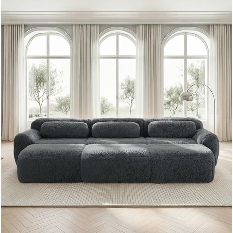 Divano modulare a 3 posti con 3 pouf, tessuto peluche grigio DESVIAE (1/5)