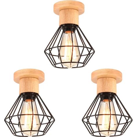 3pcs Plafonnier Vintage Lustre Industriel Abat-jour en Bois Métal Lampe de Plafond Design Cage Rétro pour Salon Couloir (1/5)