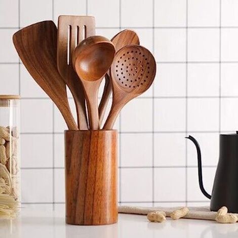 Set aus 6 Küchenutensilien aus Holz, kratzfest und hitzebeständig (1/3)