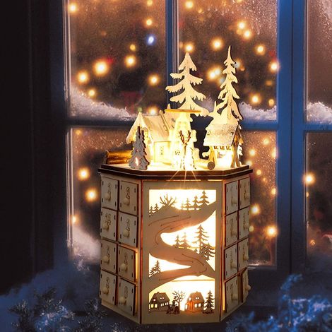 Calendario di Natale creativo a LED rotante, conto alla rovescia di 24 ore, calendario da cassetto per la casa, ornamenti natalizi in legno