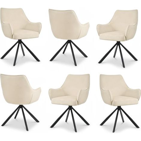 Bon Furni Velours Chaise de salle à manger Blanc Ivoire, Lot de 6, pivotante 360°, ergonomique avec coussin à ressorts, fermeture éclair cachée et pieds réglables