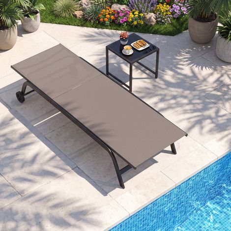 Sun lounger with wheels and side table, outdoor deck chair, portable up to 150 kg, brown (1/5)