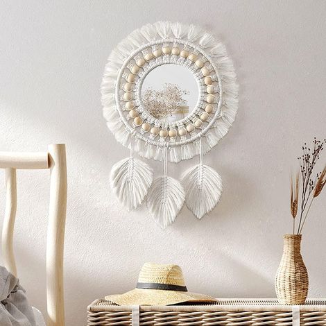 Miroir Murale Ronde - Cordon Dentelle Bohème avec Perles en Bois et Plume Pendante - Décoration Intérieure pour Salon Chambre et Salle de Bain - 1 Pièce