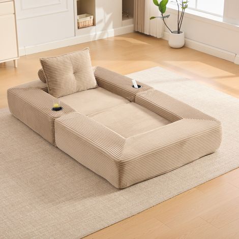 Sofá cama plegable de pana beige con espuma de alta densidad, bolsillo lateral y portavasos (1/5)