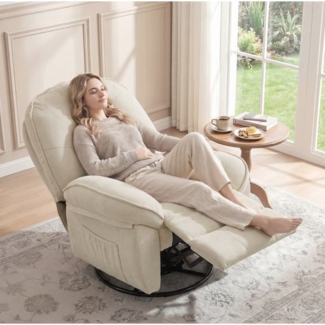 Sillón relax giratorio reclinable con balanceo, chenilla color crema DESVIAE (1/5)