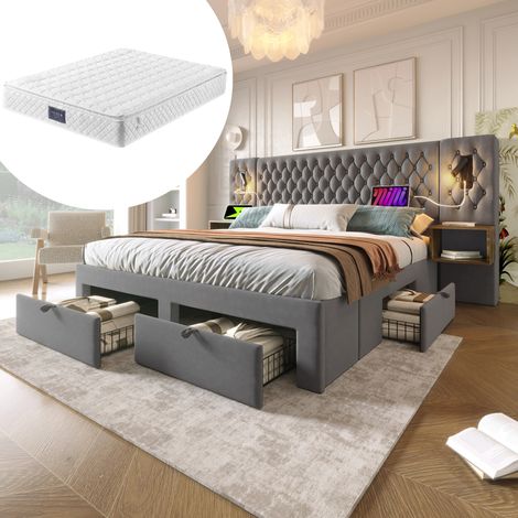 Bett Vintage 160x200 cm in Grau, Samt mit 2 Nachttischen, 4 Schubladen, Leselicht, USB/Type-C und Matratze (1/5)