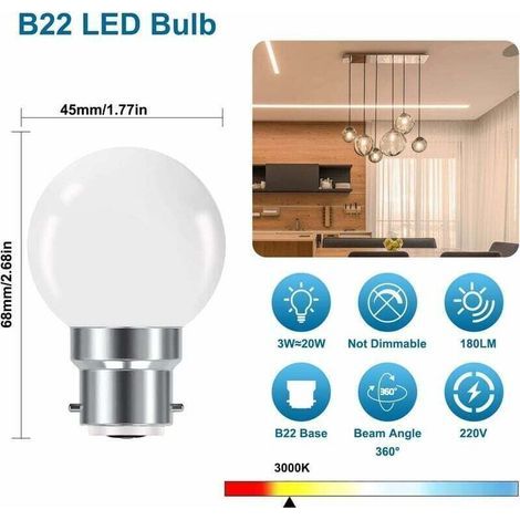 Ampoule LED à Baïonnette B22 3W,Ampoule Mini Globe Golfball B22 G45,Blanc Chaud 3000K,280LM,Non Dimmable,Lot de 10 [Classe énergétique G].. (1/3)