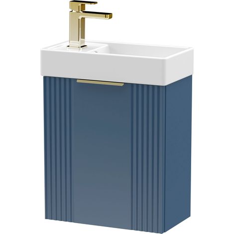 Blue 400mm Wall Hung Cloakroom Vanity Basin Unit with Brushed Brass Handle Compact Bathroom Storage (1/4)