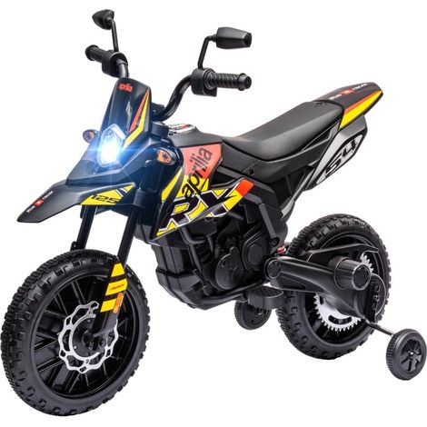 Moto eléctrica infantil 12V Aprilia con ruedas de apoyo, luces LED, música y USB, amarillo (1/4)