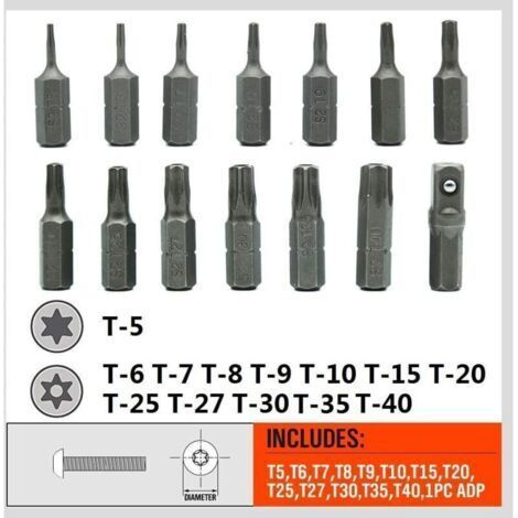 Jeu de 14 embouts Torx de sécurité inviolables en acier allié S2. T5 à T40 (1/3)