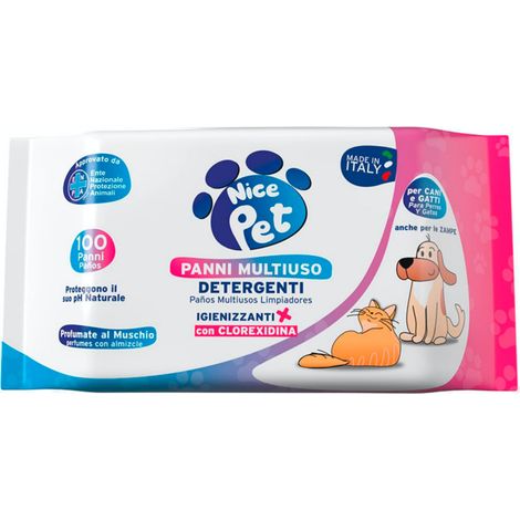 Nice Pet Salviette IGIENIZZANTI Cani, Gatti con CLOREXIDINA - 100 Salviette - Proteggono Il PH Naturale - Profum al Muschio - Salvette Ideali per l'igiene Manto di Cani e Gatti Salviette Cane (1/5)
