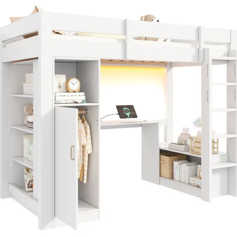 Lit mezzanine 90x200 avec bureau intégré, armoire, étagères, LED, port USB et rangement sous le lit, en bois et MDF, blanc, pour petit espace  CHICFURN (1/5)