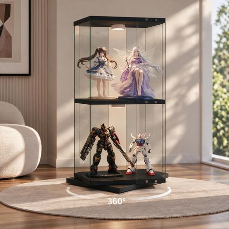 Vitrine d'exposition rotative 360°, Verre 2 Niveaux 85 cm avec LED RGB, Anti-basculement, Verre trempé et bois, Noir (1/5)