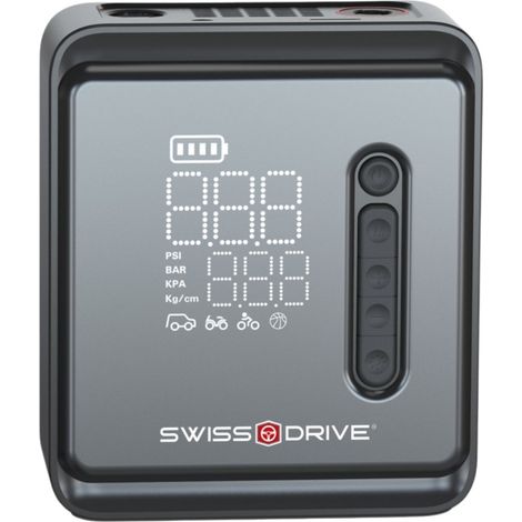 Mini Compresseur Portable Swiss Drive 150 PSI – Recharge USB, Arrêt Auto & Écran Digital. Adaptateur inclus.
