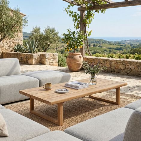 Naturel Garten-Couchtisch aus massivem Teakholz, 153x72x30,5 cm, rechteckige Design-Tischbeine (NATOFT15372S)