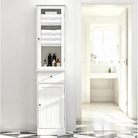 Armario alto de baño blanco en MDF y acrílico con cajón y estantes, OKWISH (1/5)