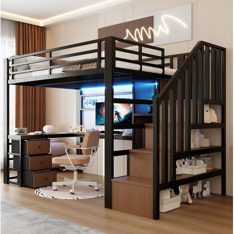 Hochbett 90x200 cm schwarz aus Metall mit LED-Licht, Schreibtisch und Stauraum (1/5)