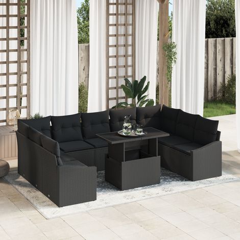 Ensemble de salon de jardin 10 pièces avec coussins Noir Poly Rattan vidaXL (1/5)