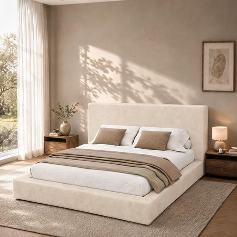 Cadre de lit beige en chenille 227 x 186 x 96 cm (1/5)