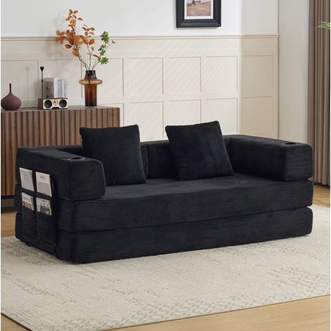 Sofá cama plegable al suelo 185 x 92,5 x 60 cm, de pana negra OKMYHOME (1/5)